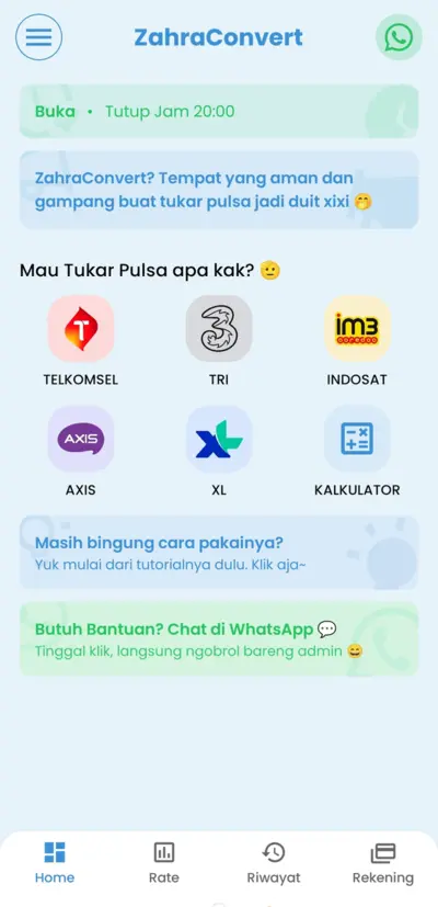 Aplikasi convert pulsa terpercaya ZAHRAconvert - cara convert pulsa Telkomsel XL Indosat Tri Axis jadi uang dengan rate tertinggi 80-92%